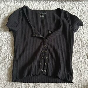 American Eagle Black Button Up Ribbed Tee